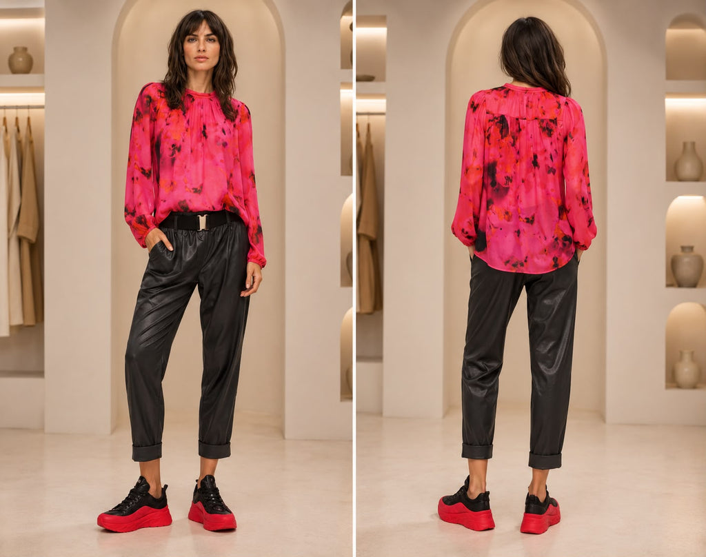 Fuchsia Abstract Print Long Sleeve Blouse – Women's Lightweight Gathered Neck Top