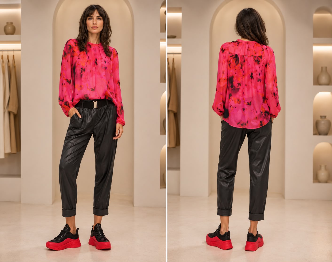 Fuchsia Abstract Print Long Sleeve Blouse – Women's Lightweight Gathered Neck Top