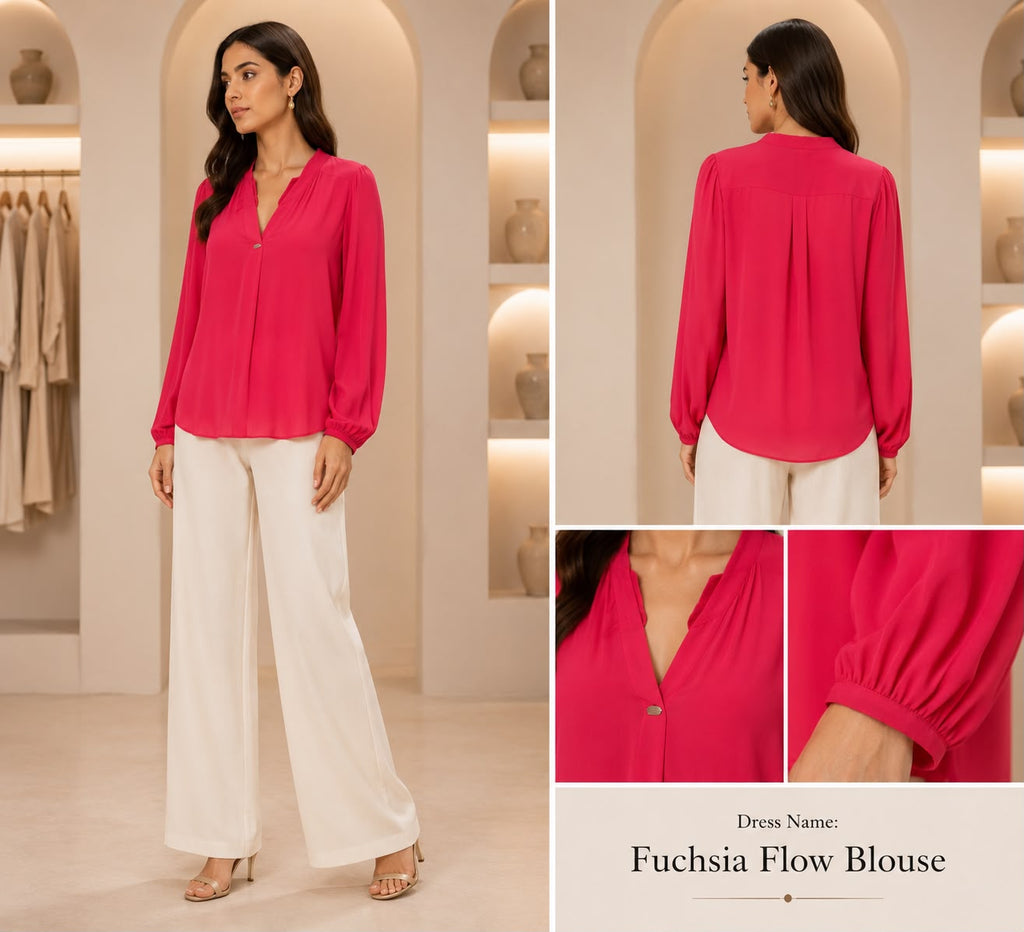 Fuchsia Flow Long Sleeve Blouse – Elegant Women's V-Neck Chiffon Top