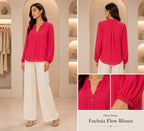 Fuchsia Flow Long Sleeve Blouse – Elegant Women's V-Neck Chiffon Top