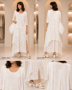 Ivory Layered Maxi Co-Ord Set – Elegant Asymmetrical Cardigan & Printed Wide-Leg Pants