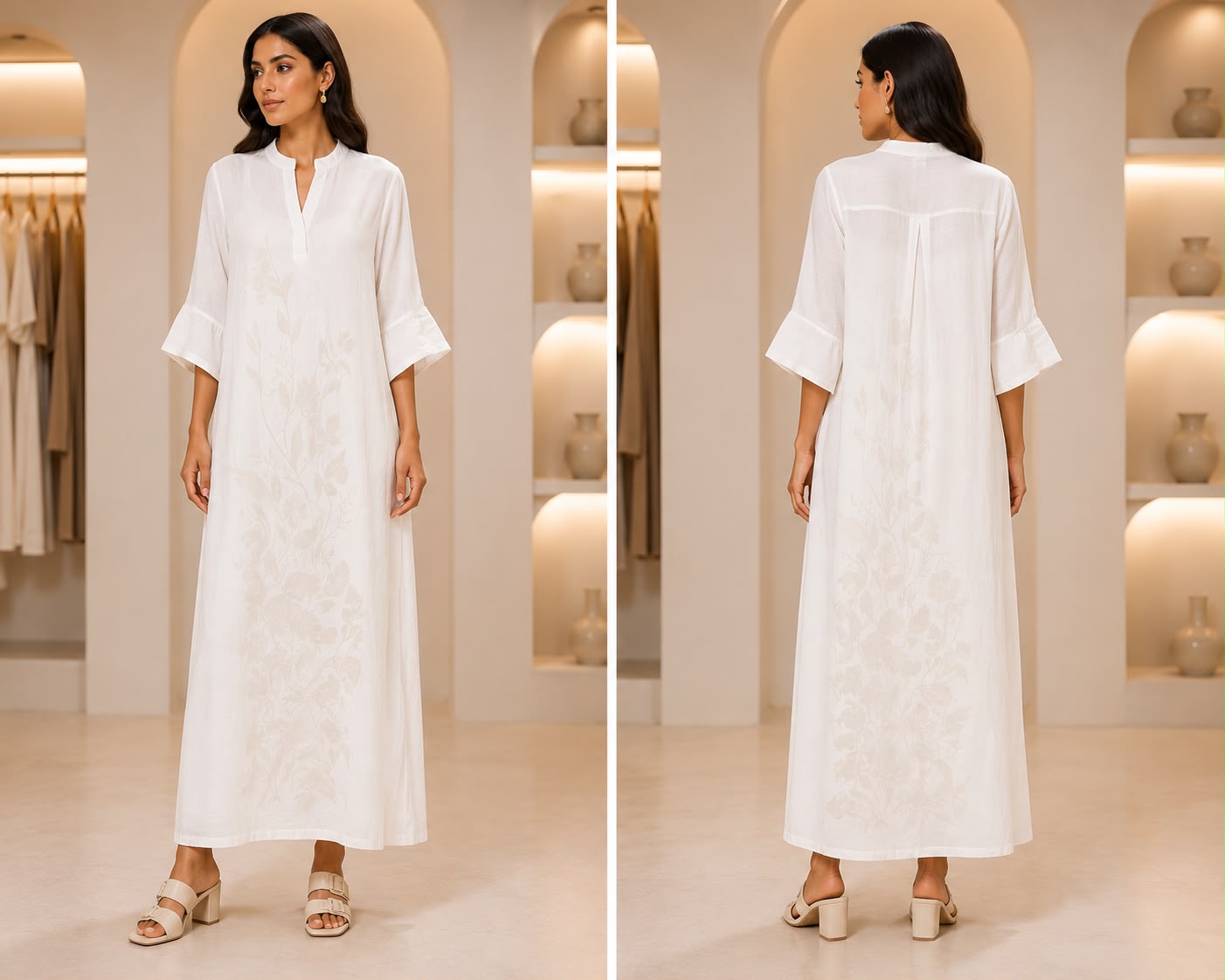 Women’s Subtle Floral Embroidered Kaftan Dress / Resort Wear Maxi