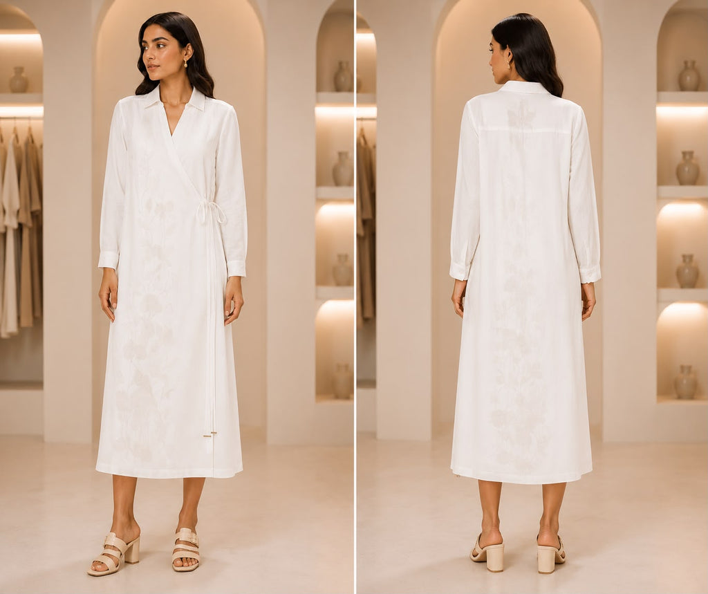 Women’s Collared Angrakha Style Maxi Dress with Subtle Floral Embroidery