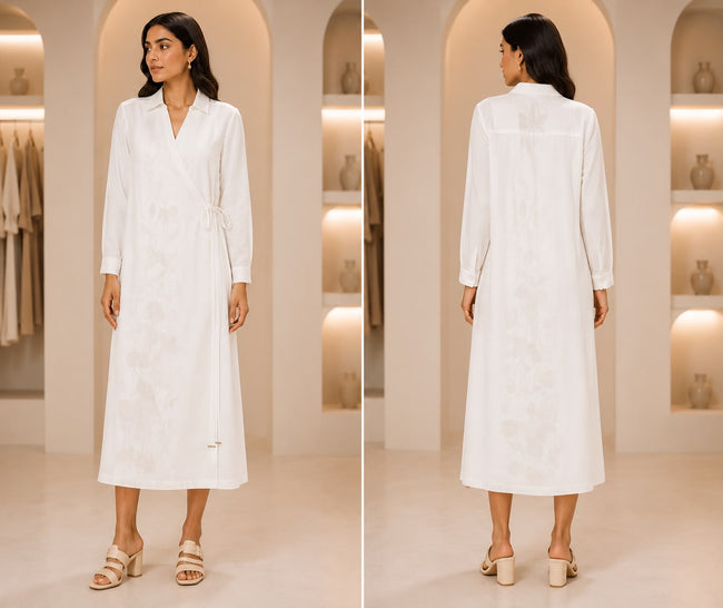 Women’s Collared Angrakha Style Maxi Dress with Subtle Floral Embroidery Main Image