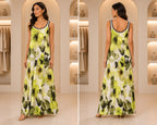 Lime Green Watercolor Floral Sleeveless Maxi Dress with Contrast Trim