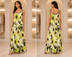 Lime Green Watercolor Floral Sleeveless Maxi Dress with Contrast Trim