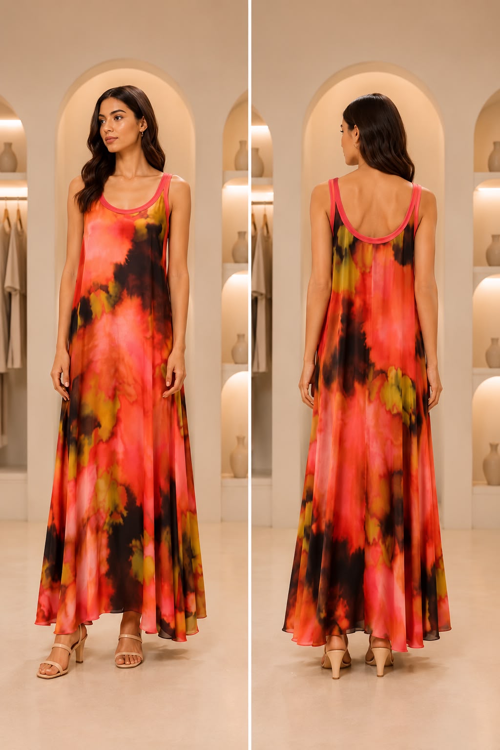 Coral & Sunset Tie-Dye Sleeveless Maxi Dress with Contrast Trim