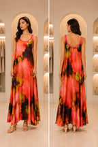 Coral & Sunset Tie-Dye Sleeveless Maxi Dress with Contrast Trim