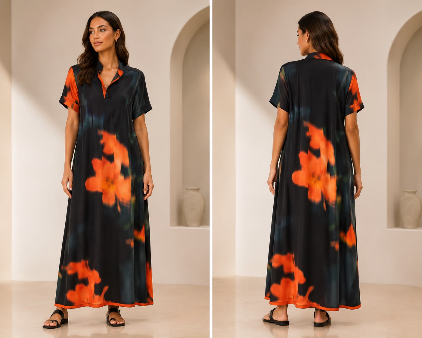 Charcoal Black & Fiery Orange Floral Print V-Neck Kaftan Maxi Dress