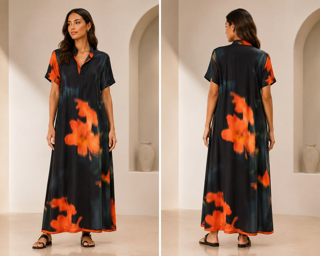 Charcoal Black & Fiery Orange Floral Print V-Neck Kaftan Maxi Dress Hover Image