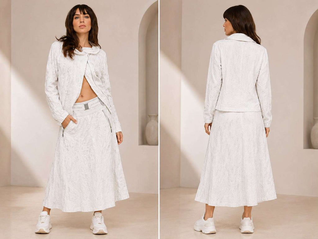 Women’s Off-White Crinkle-Textured Jacket & Belted Midi Skirt Athleisure Set