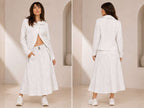 Women’s Off-White Crinkle-Textured Jacket & Belted Midi Skirt Athleisure Set