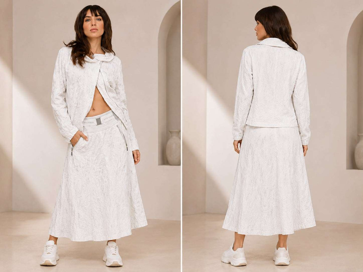 Women’s Off-White Crinkle-Textured Jacket & Belted Midi Skirt Athleisure Set