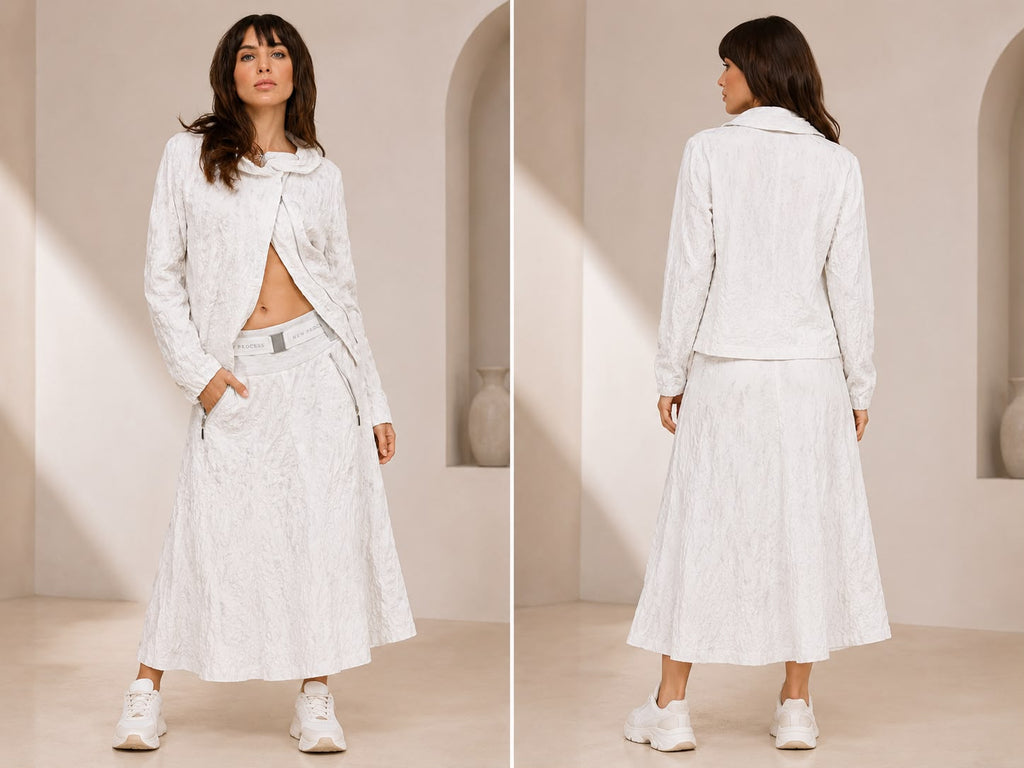 Women’s Off-White Crinkle-Textured Jacket & Belted Midi Skirt Athleisure Set