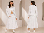 Women’s Off-White Crinkle-Textured Jacket & Belted Midi Skirt Athleisure Set