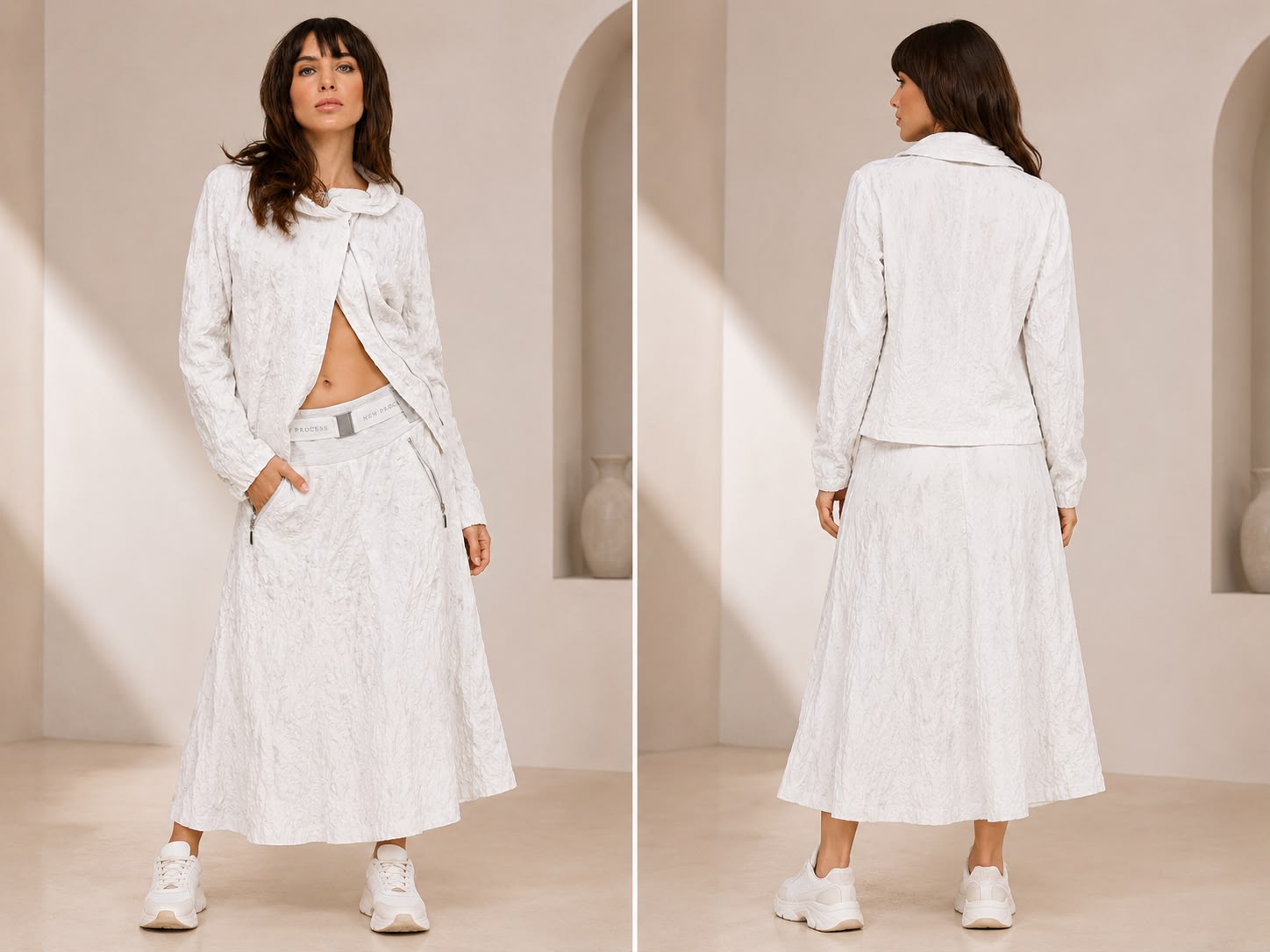 Women’s Off-White Crinkle-Textured Jacket & Belted Midi Skirt Athleisure Set