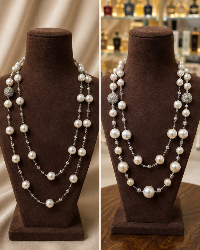 White Freshwater Pearl Necklace with Silver Chain – 48" Main Image