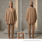 Max & Moi Luxury Oversized Knit Cardigan & Matching Beanie Set – Taupe / Neutral