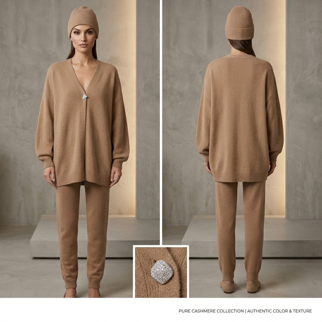 Max & Moi Luxury Oversized Knit Cardigan & Matching Beanie Set – Taupe / Neutral Main Image