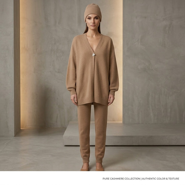 Max & Moi Luxury Oversized Knit Cardigan & Matching Beanie Set – Taupe / Neutral Hover Image
