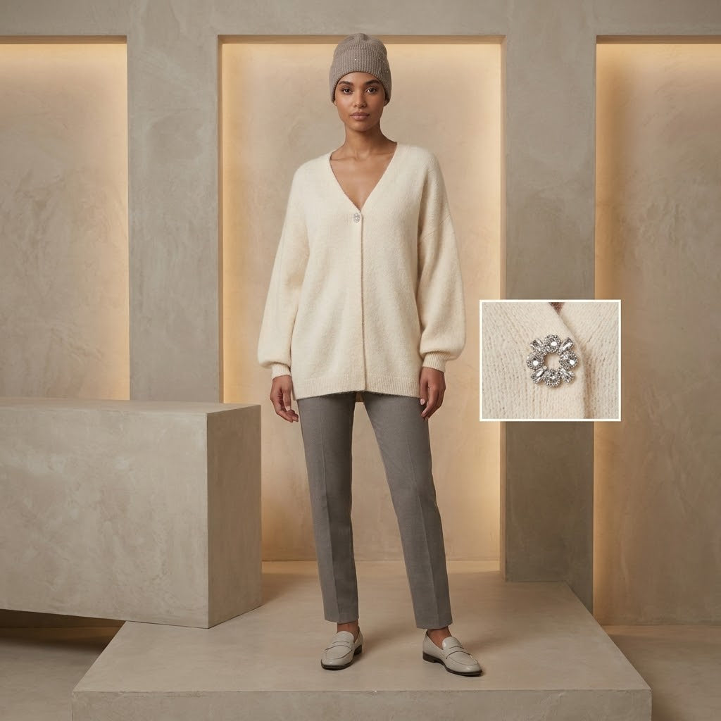 Max & Moi Luxury Oversized Off-White Knit Cardigan & Beanie Set