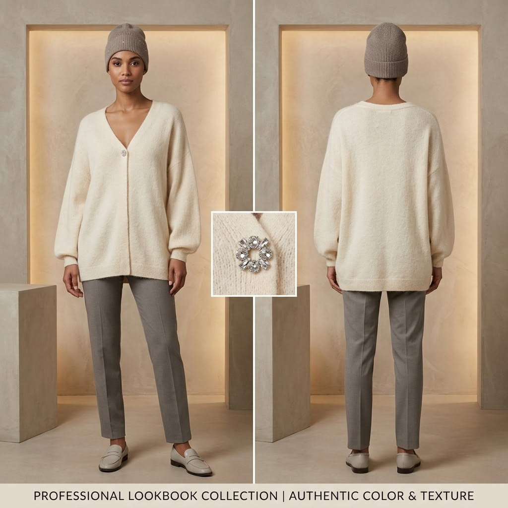 Max & Moi Luxury Oversized Off-White Knit Cardigan & Beanie Set