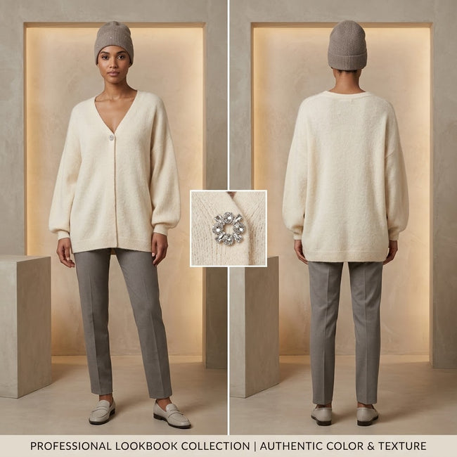 Max & Moi Luxury Oversized Off-White Knit Cardigan & Beanie Set Main Image