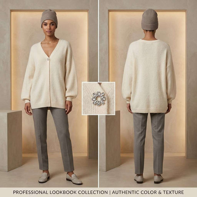 Max & Moi Luxury Oversized Off-White Knit Cardigan & Beanie Set Main Image