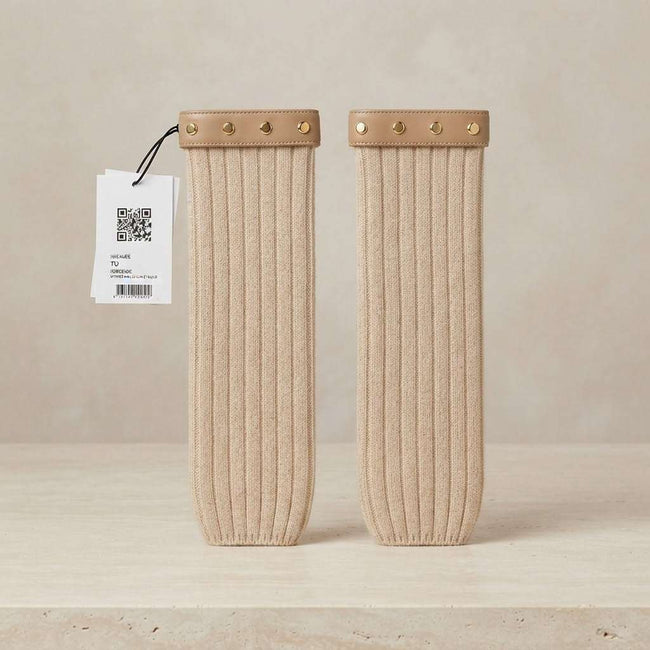 Max & Moi Luxury Ribbed Knit Fingerless Gloves with Leather Stud Trim – Beige Hover Image