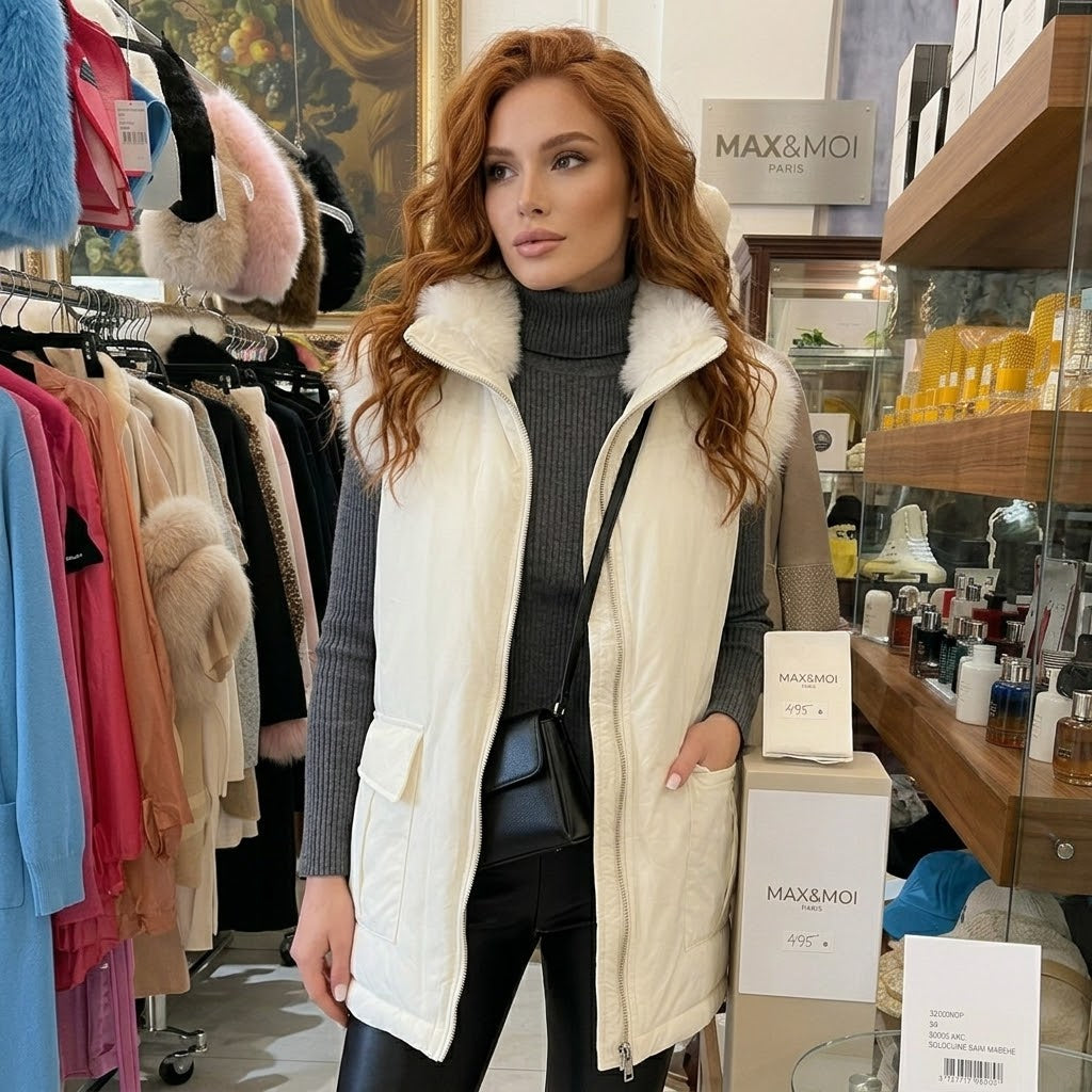 Max & Moi Paris – Luxury White Puffer Vest with Faux Fur Trim & Zip Pockets