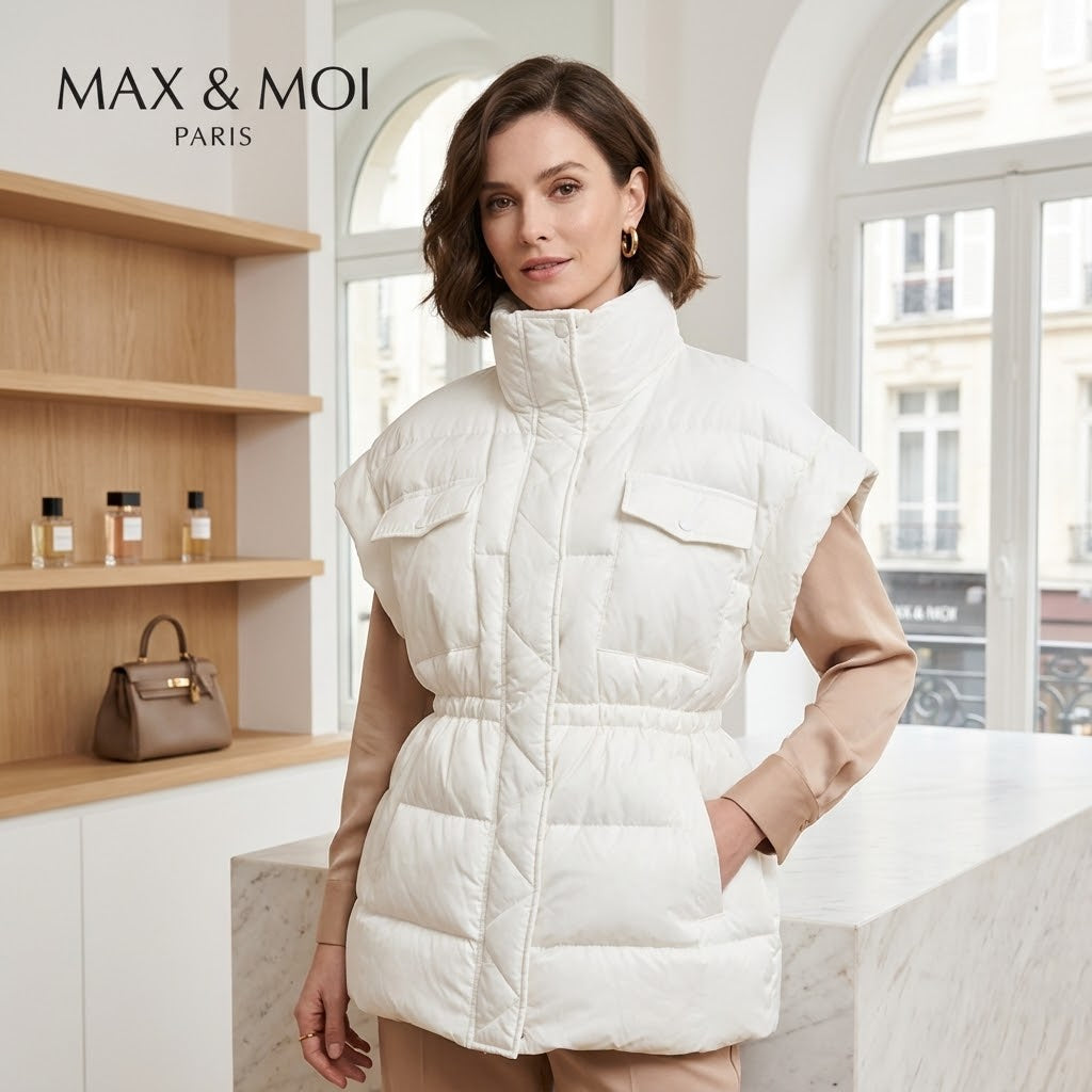 Max & Moi Paris Premium Designer White Sleeveless Puffer Jacket
