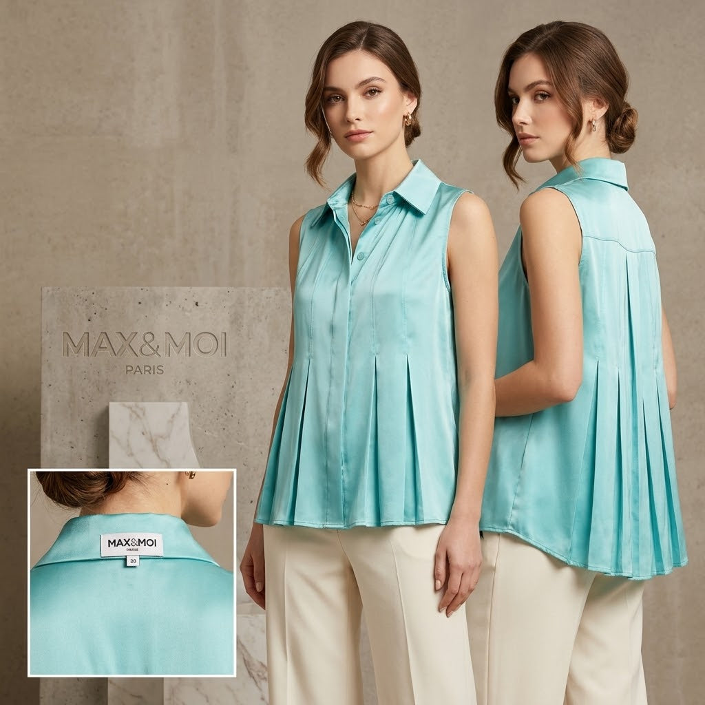 MAX & MOI Paris Aqua Green Sleeveless Satin Peplum Top - High Neck Pleated Blouse