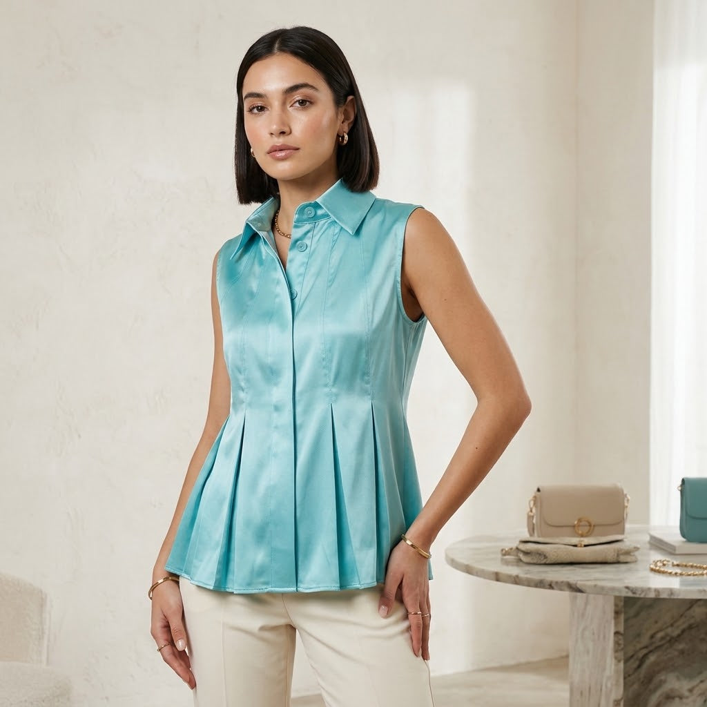MAX & MOI Paris Aqua Green Sleeveless Satin Peplum Top - High Neck Pleated Blouse