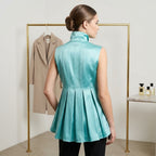 MAX & MOI Paris Aqua Green Sleeveless Satin Peplum Top - High Neck Pleated Blouse