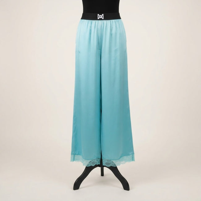 Max & Moi Luxury Elastic Waist Wide-Leg Silk & Lace Trouser – Turquoise Main Image