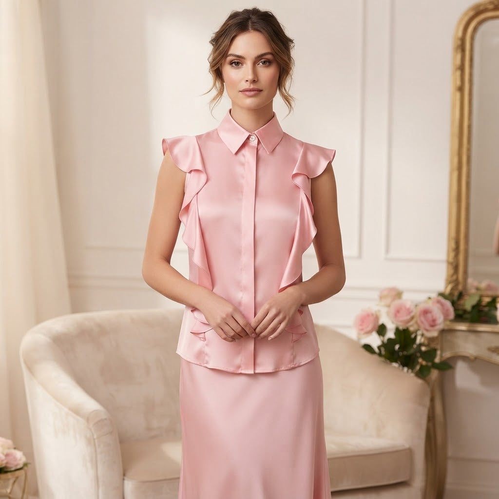 Max & Moi Luxury Silk Ruffle Blouse & Matching Skirt Set – Rose Pink