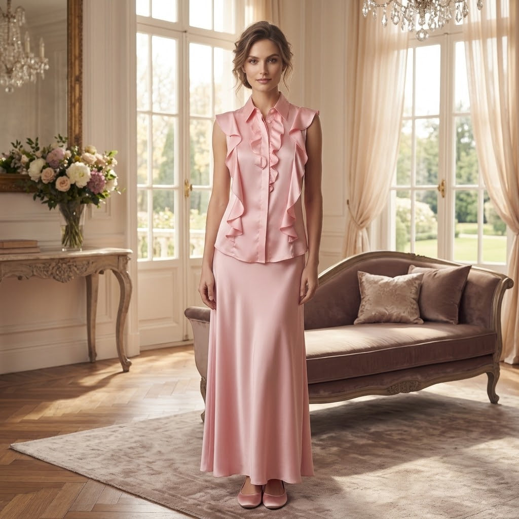 Max & Moi Luxury Silk Ruffle Blouse & Matching Skirt Set – Rose Pink