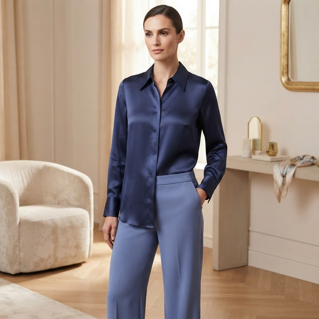 Max & Moi Luxury Long-Sleeve Silk Shirt – Navy Hover Image