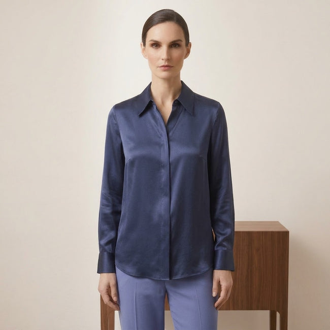 Max & Moi Luxury Long-Sleeve Silk Shirt – Navy Main Image