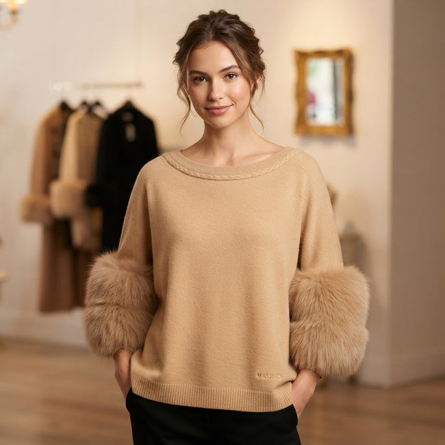 Max & Moi Luxury Cashmere Blend Sweater with Detachable Fox Fur Cuffs – Camel Hover Image