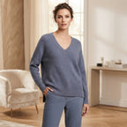 Max & Moi Luxury Ribbed-Knit V-Neck Sweater – Blue