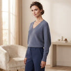 Max & Moi Luxury Ribbed-Knit V-Neck Sweater – Blue
