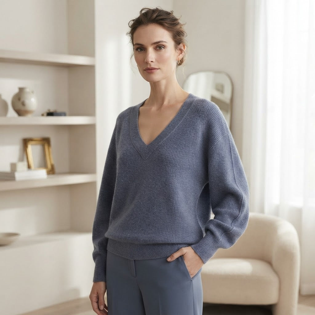 Max & Moi Luxury Ribbed-Knit V-Neck Sweater – Blue