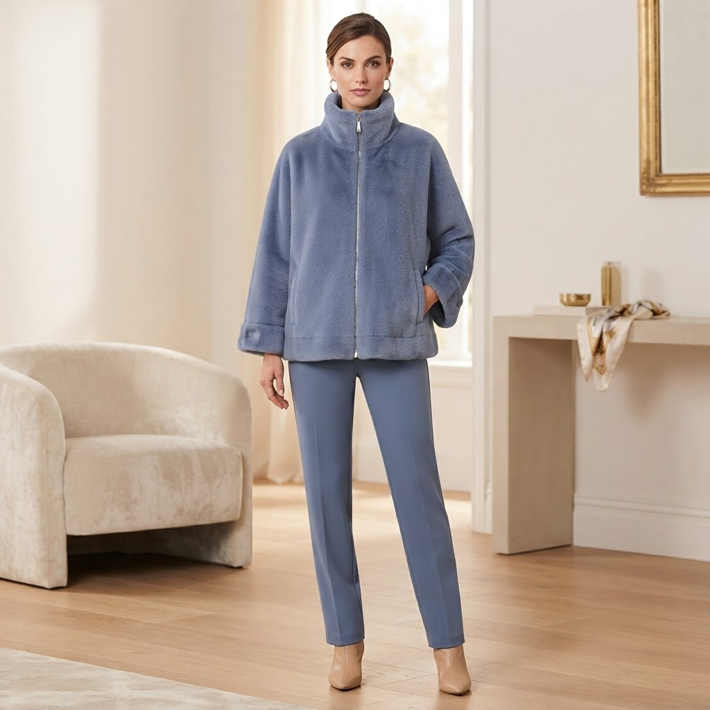 Max & Moi Luxury Blue Faux-Fur Zip-Up High-Neck Jacket