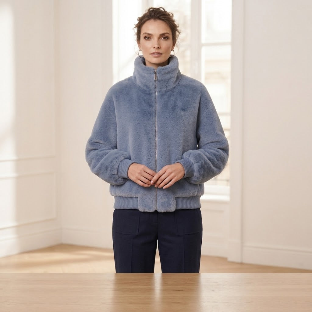Max & Moi Luxury Blue Faux-Fur Zip-Up High-Neck Jacket