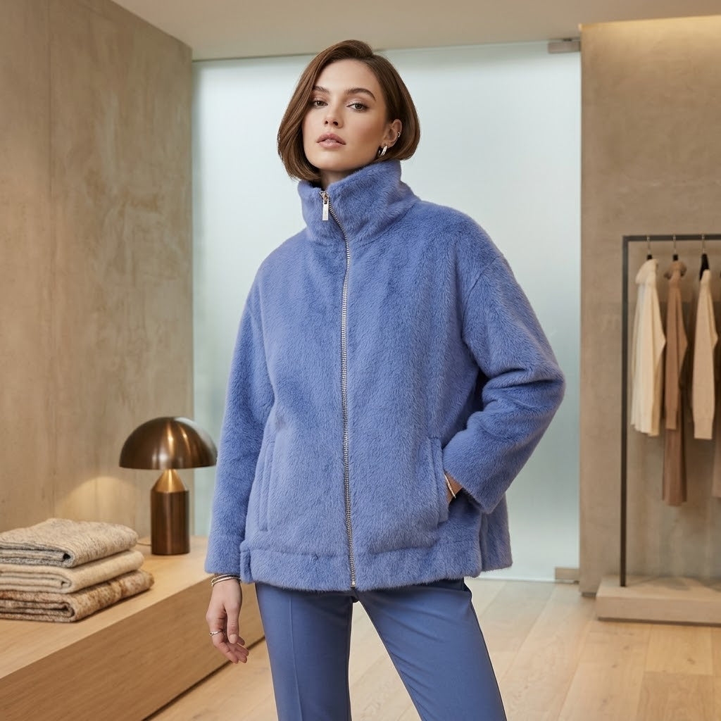 Max & Moi Luxury Blue Faux-Fur Zip-Up High-Neck Jacket