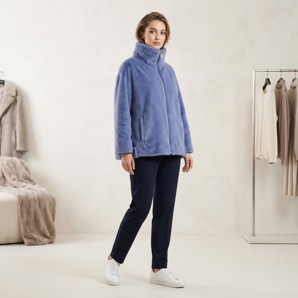 Max & Moi Luxury Blue Faux-Fur Zip-Up High-Neck Jacket