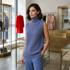 Max&Moi Cashmere Blend Ribbed Sleeveless Sweater with Quarter-Zip - Dusty Blue