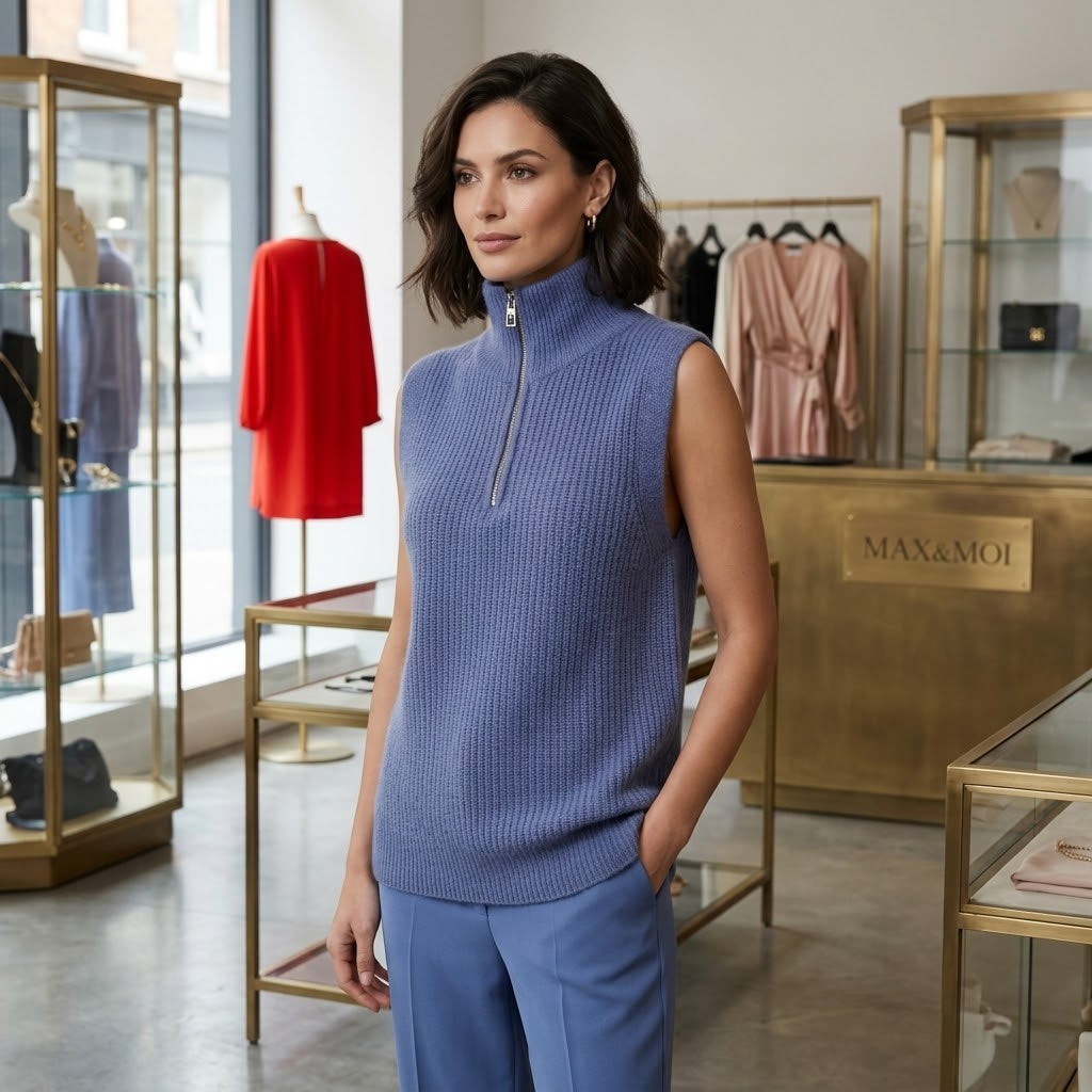 Max&Moi Cashmere Blend Ribbed Sleeveless Sweater with Quarter-Zip - Dusty Blue