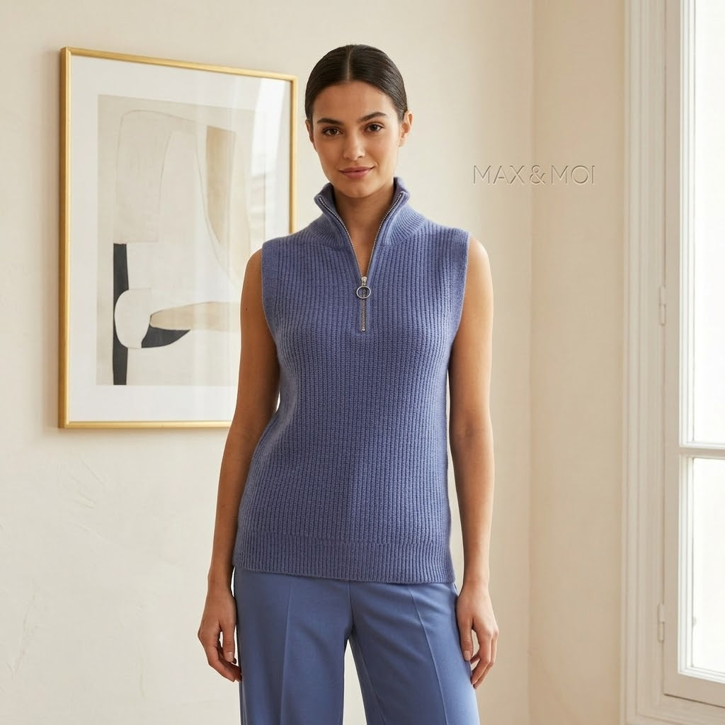 Max&Moi Cashmere Blend Ribbed Sleeveless Sweater with Quarter-Zip - Dusty Blue